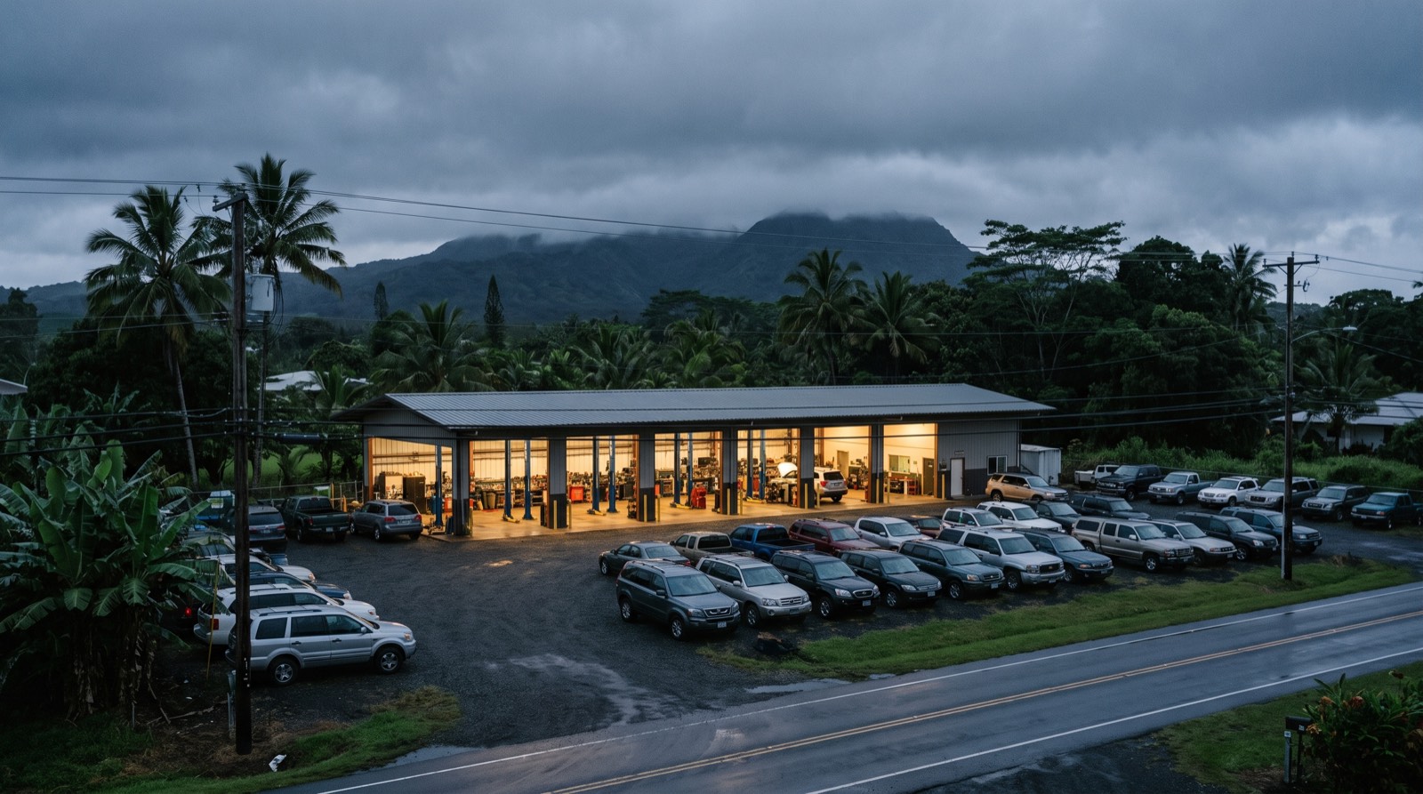 Illustrative image, not the actual property. A well kept independent automotive repair shop on a tropical Pacific island at blue hour under an overcast sky, several service bays open and lit from inside, a full lot of clean customer vehicles parked in front, palm trees and a dark mountain ridge behind