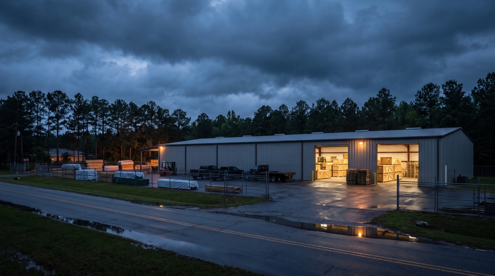 Illustrative image, not the actual property. A well kept industrial crating and export packaging facility in the rural American southeast at blue hour under heavy overcast, two roll up bay doors open and lit from inside showing stacks of new wooden shipping crates, banded lumber under cover in a fenced yard, work trucks parked on wet asphalt and a pine treeline behind